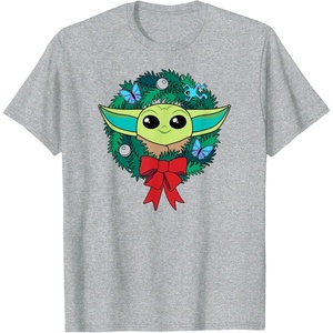 Amazon Essentials The Mandalorian Grogu Holiday Christmas Wreath T-Shirt(Heather Grey)