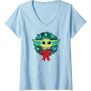 Amazon Essentials The Mandalorian Grogu Holiday Christmas Wreath V-Neck T-Shirt(Baby Blue)