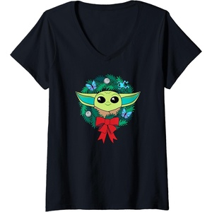 Amazon Essentials The Mandalorian Grogu Holiday Christmas Wreath V-Neck T-Shirt(Black)
