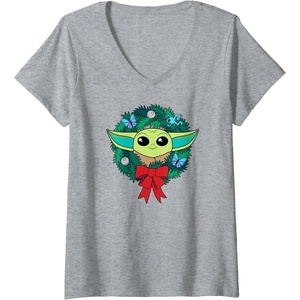 Amazon Essentials The Mandalorian Grogu Holiday Christmas Wreath V-Neck T-Shirt(Heather Grey)