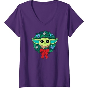 Amazon Essentials The Mandalorian Grogu Holiday Christmas Wreath V-Neck T-Shirt(Purple)