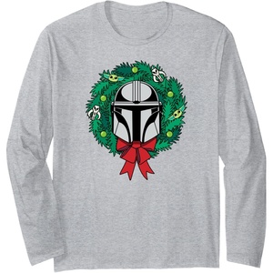 Amazon Essentials The Mandalorian Helmet Holiday Christmas Wreath Long Sleeve T-Shirt(Heather Grey)