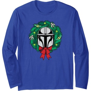Amazon Essentials The Mandalorian Helmet Holiday Christmas Wreath Long Sleeve T-Shirt(Royal Blue)