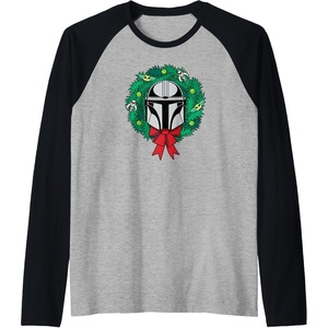 Amazon Essentials The Mandalorian Helmet Holiday Christmas Wreath Raglan Baseball Tee(Black/Athletic Heather)