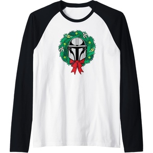 Amazon Essentials The Mandalorian Helmet Holiday Christmas Wreath Raglan Baseball Tee(Black/White)
