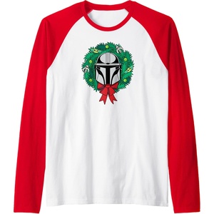Amazon Essentials The Mandalorian Helmet Holiday Christmas Wreath Raglan Baseball Tee(Red/White)