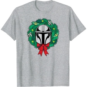 Amazon Essentials The Mandalorian Helmet Holiday Christmas Wreath T-Shirt(Heather Grey)