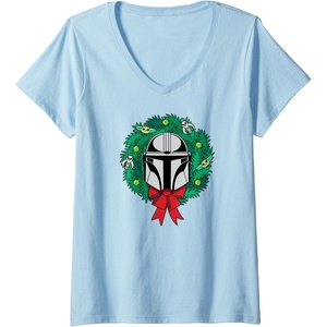 Amazon Essentials The Mandalorian Helmet Holiday Christmas Wreath V-Neck T-Shirt(Baby Blue)