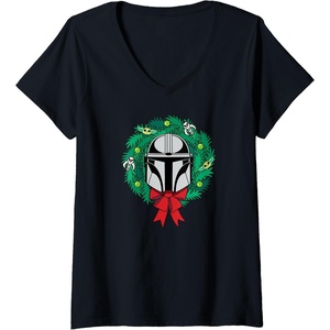 Amazon Essentials The Mandalorian Helmet Holiday Christmas Wreath V-Neck T-Shirt(Black)