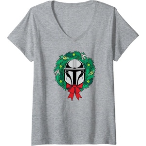 Amazon Essentials The Mandalorian Helmet Holiday Christmas Wreath V-Neck T-Shirt(Heather Grey)