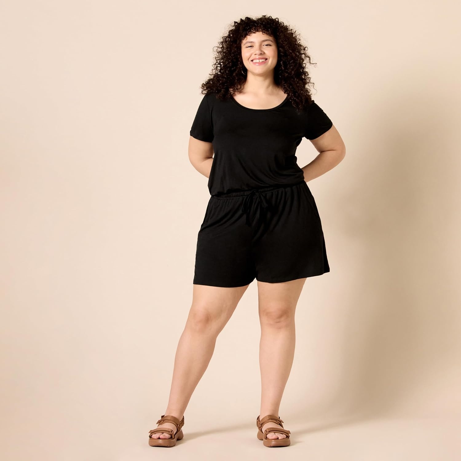 image:imageAmazon Essentials Womens Casual Summer ShortSleeve Scoop Neck Romper with Elastic WaistBlack