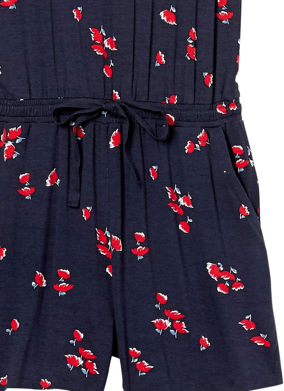 image:imageAmazon Essentials Womens Casual Summer ShortSleeve Scoop Neck Romper with Elastic WaistNavy Red Tulips