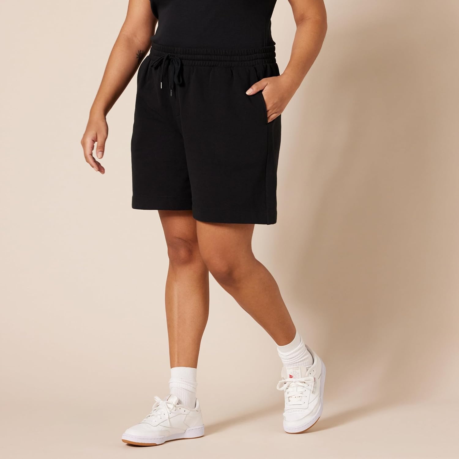 image:imageAmazon Essentials Womens Fleece High Rise Bermuda Shorts with Elastic Waist and Drawstring Plus Size AvailableBlack