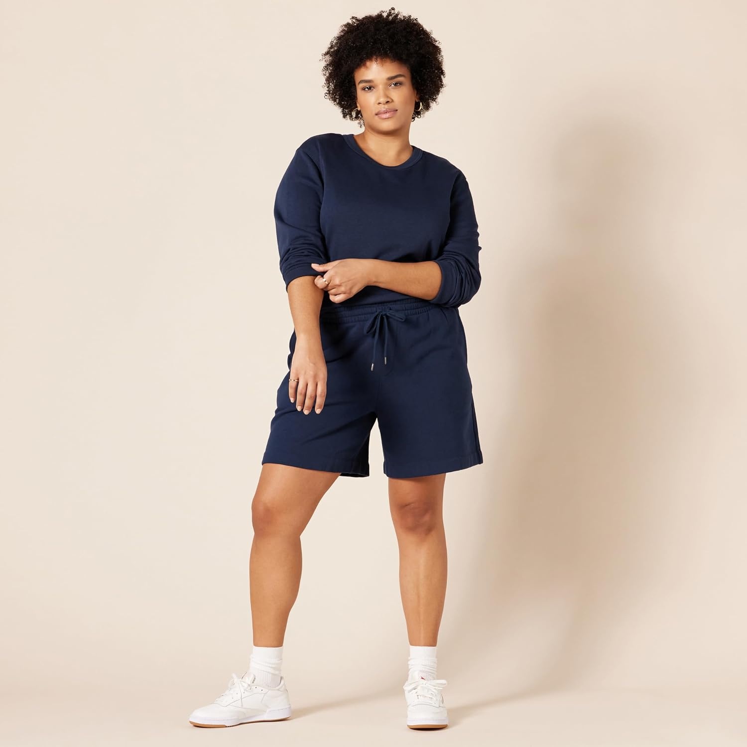 image:imageAmazon Essentials Womens Fleece High Rise Bermuda Shorts with Elastic Waist and Drawstring Plus Size AvailableNavy