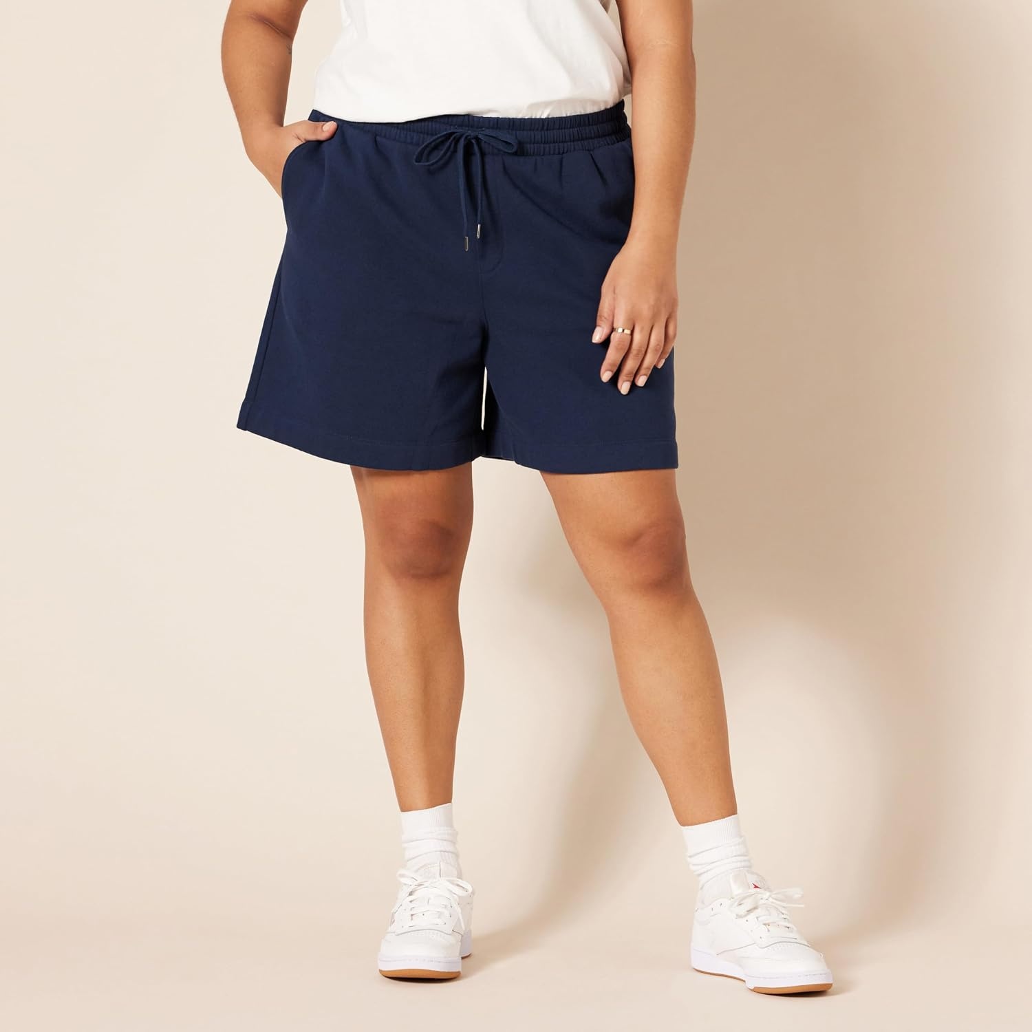 image:imageAmazon Essentials Womens Fleece High Rise Bermuda Shorts with Elastic Waist and Drawstring Plus Size AvailableNavy