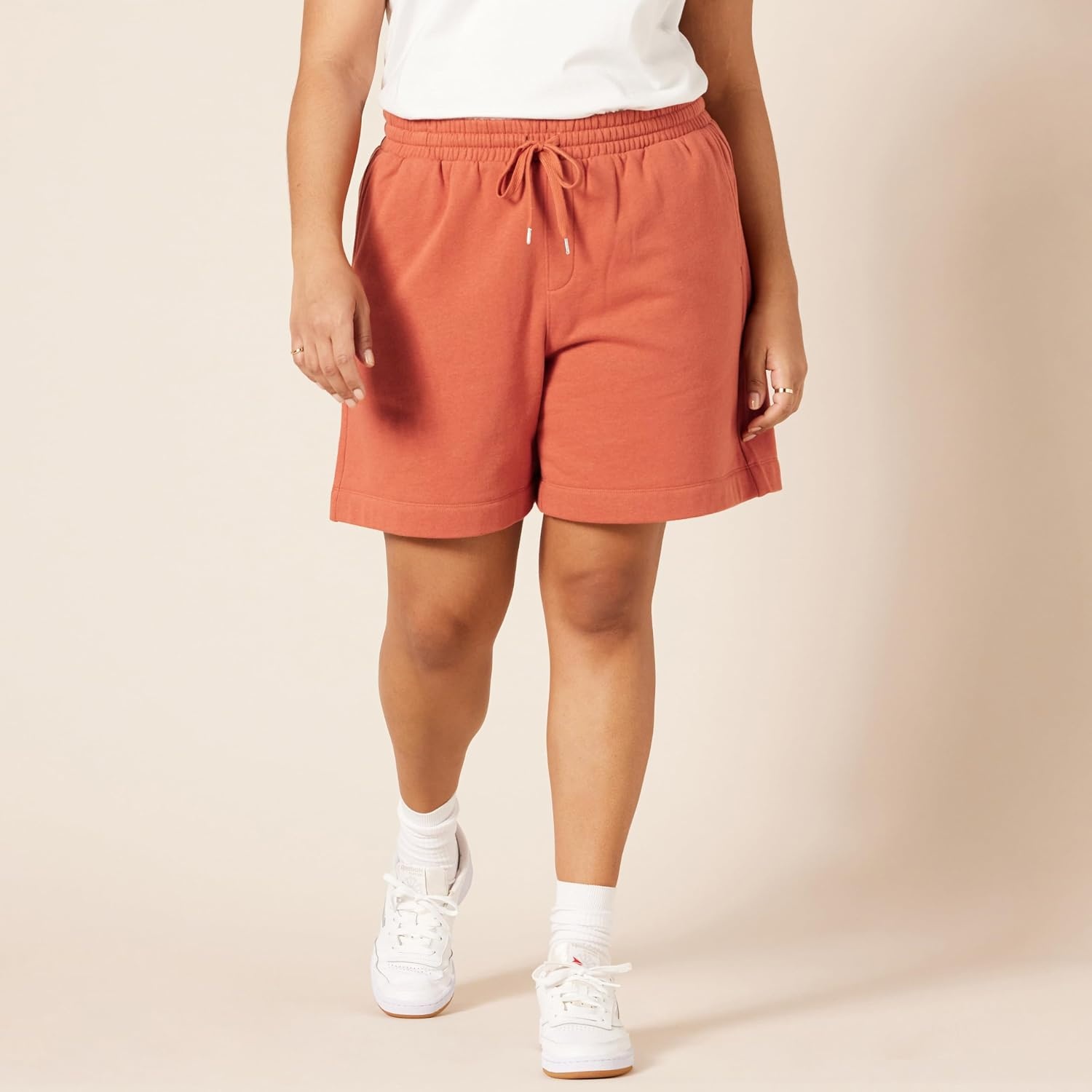 image:imageAmazon Essentials Womens Fleece High Rise Bermuda Shorts with Elastic Waist and Drawstring Plus Size AvailableTerracotta