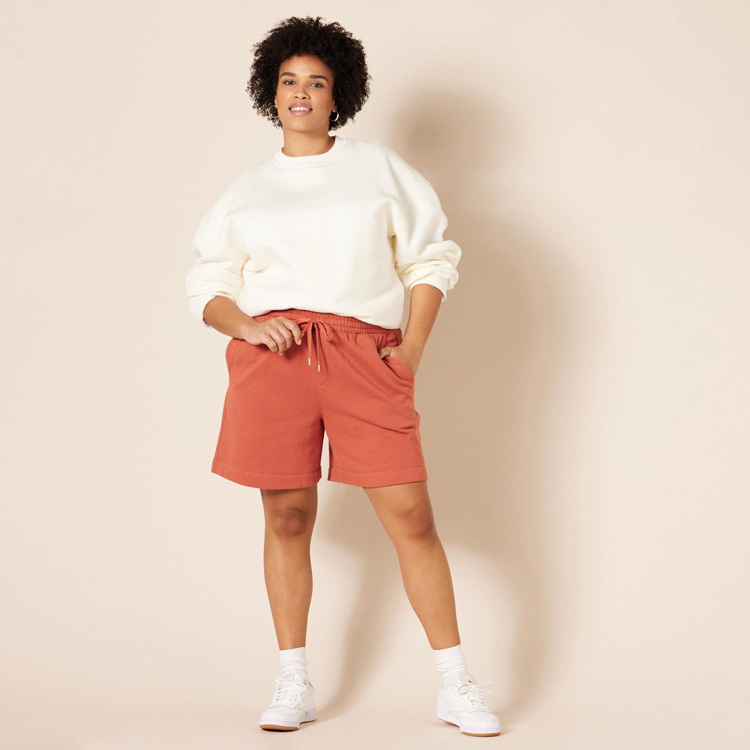 image:imageAmazon Essentials Womens Fleece High Rise Bermuda Shorts with Elastic Waist and Drawstring Plus Size AvailableTerracotta
