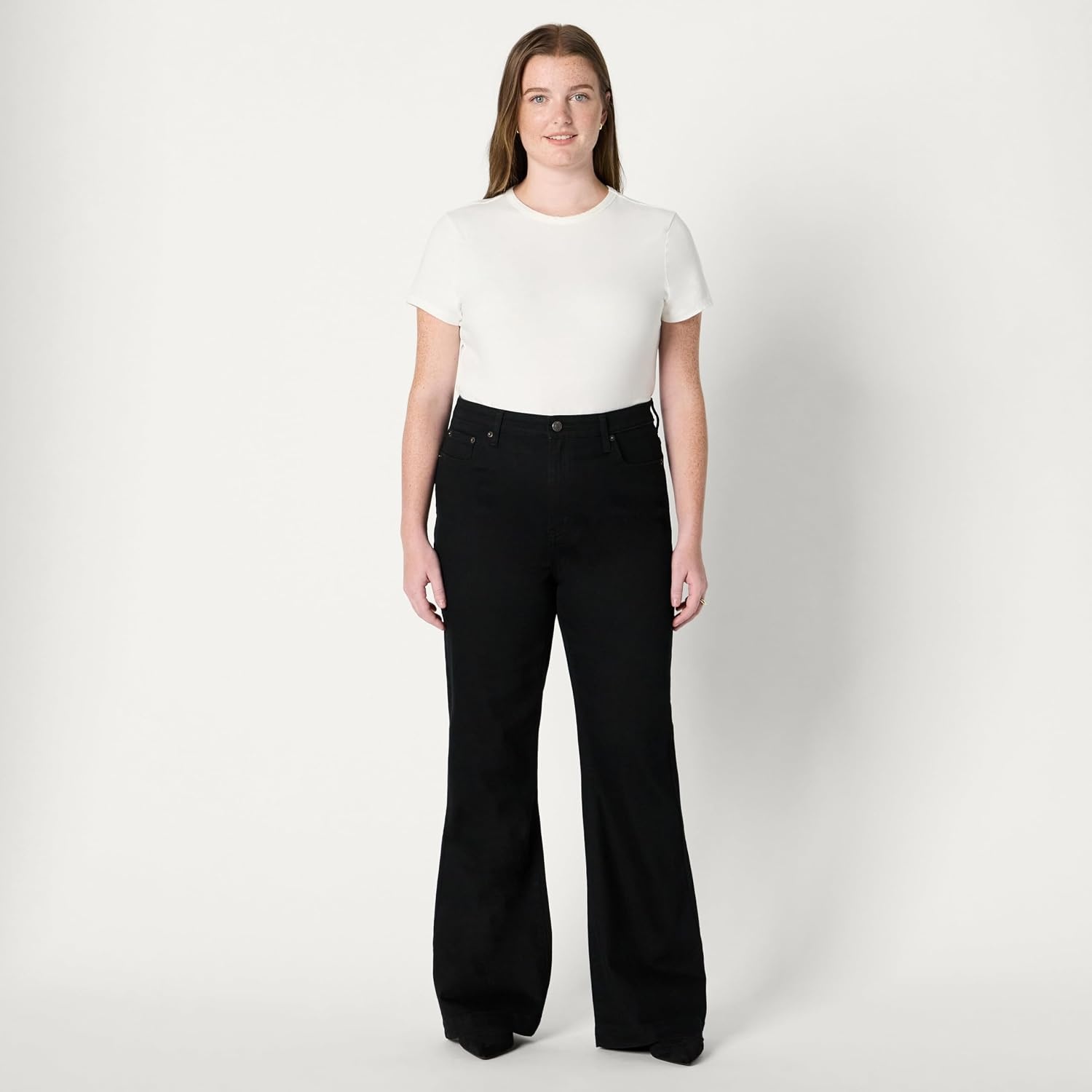 image:imageAmazon Essentials Womens High Stretch Flattering HighRise Flare JeansBlack