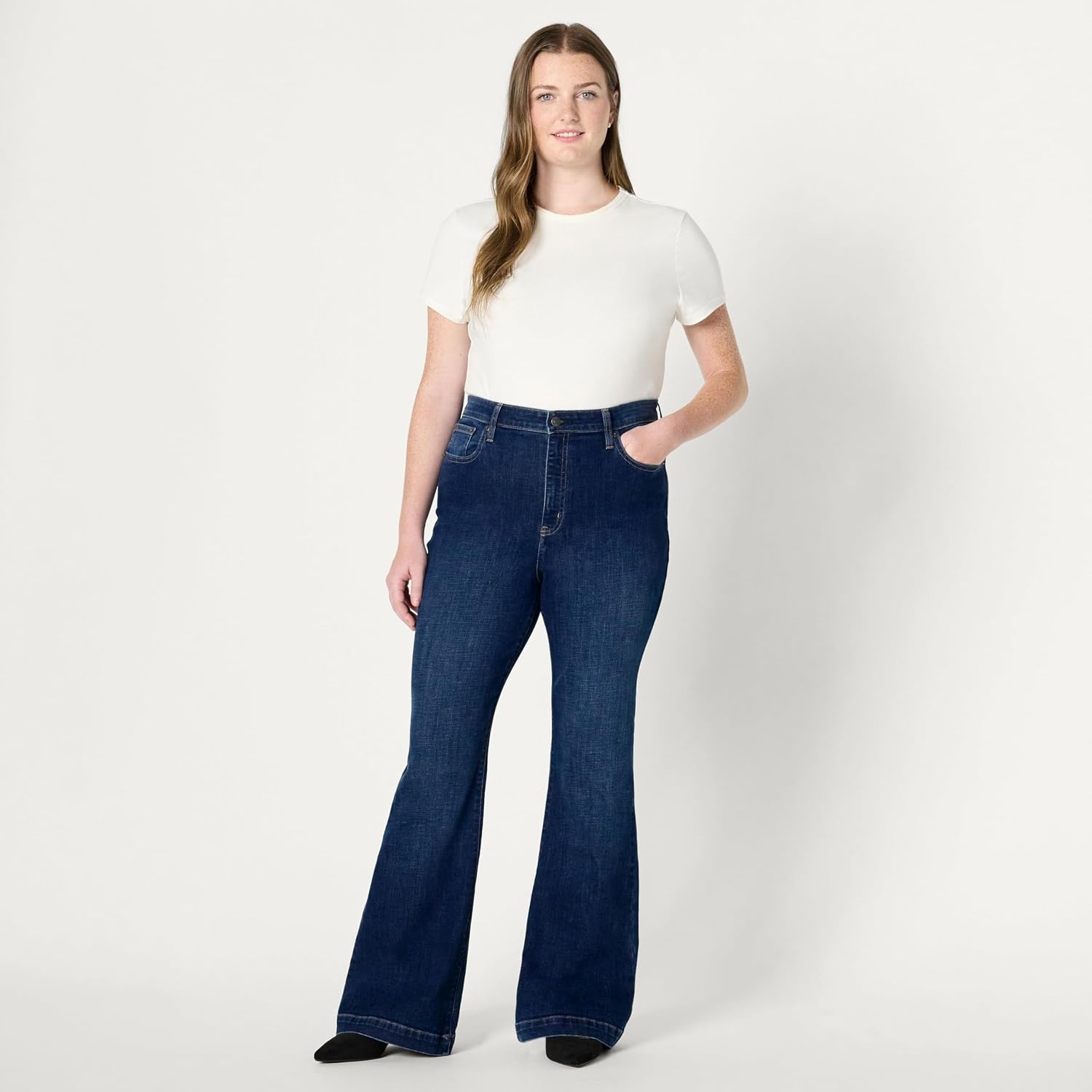 image:imageAmazon Essentials Womens High Stretch Flattering HighRise Flare JeansDark Shadow Wash