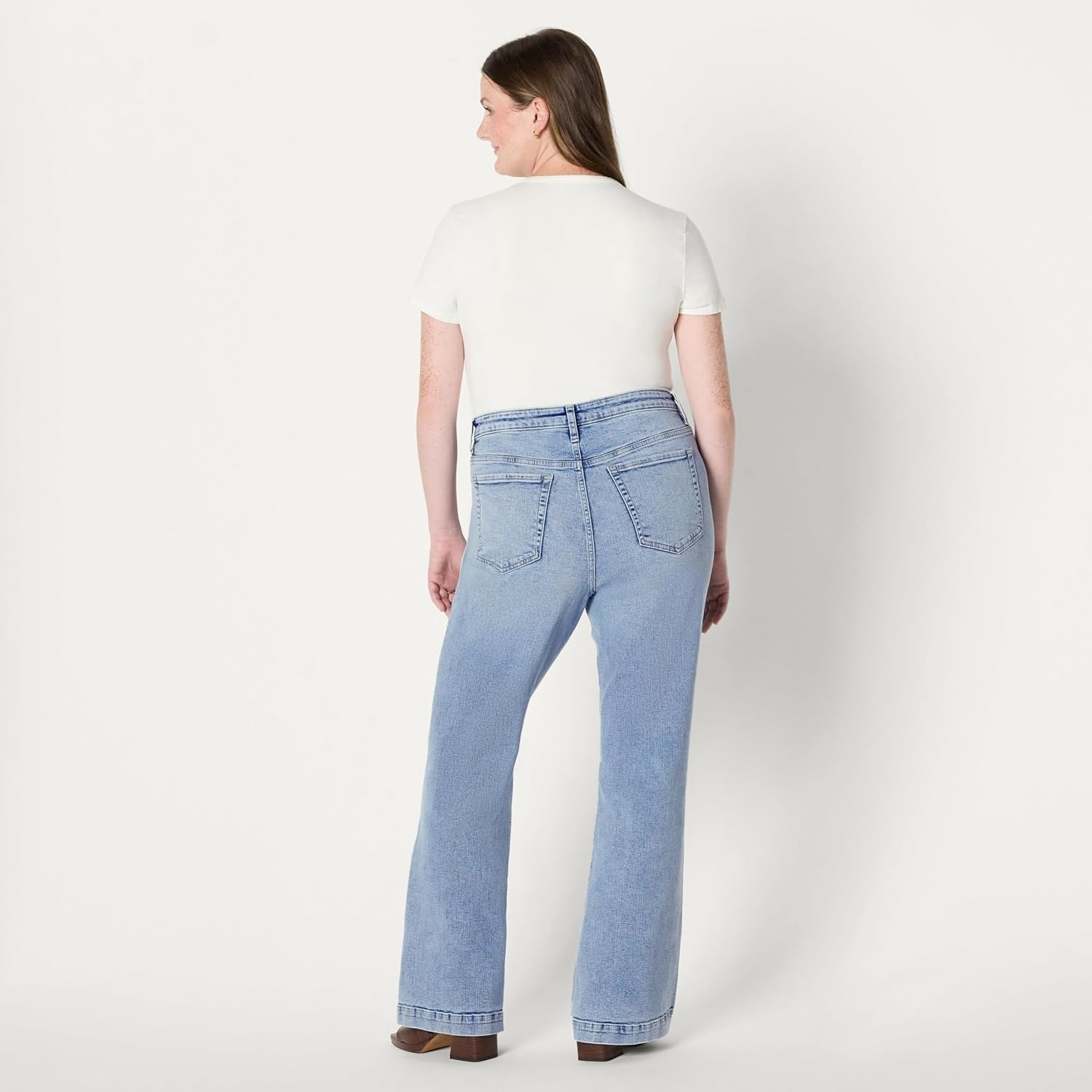image:imageAmazon Essentials Womens High Stretch Flattering HighRise Flare JeansIced Blue Light Wash