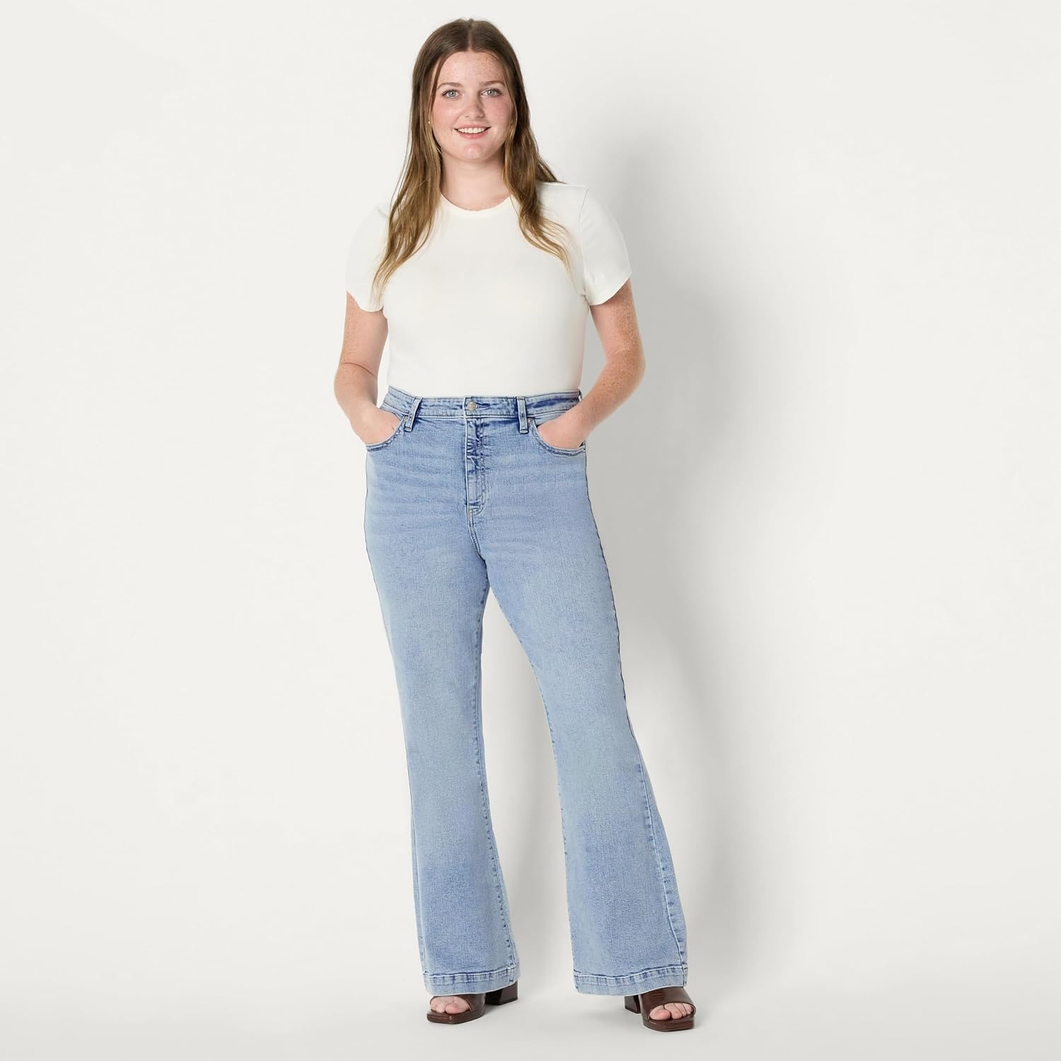 image:imageAmazon Essentials Womens High Stretch Flattering HighRise Flare JeansIced Blue Light Wash