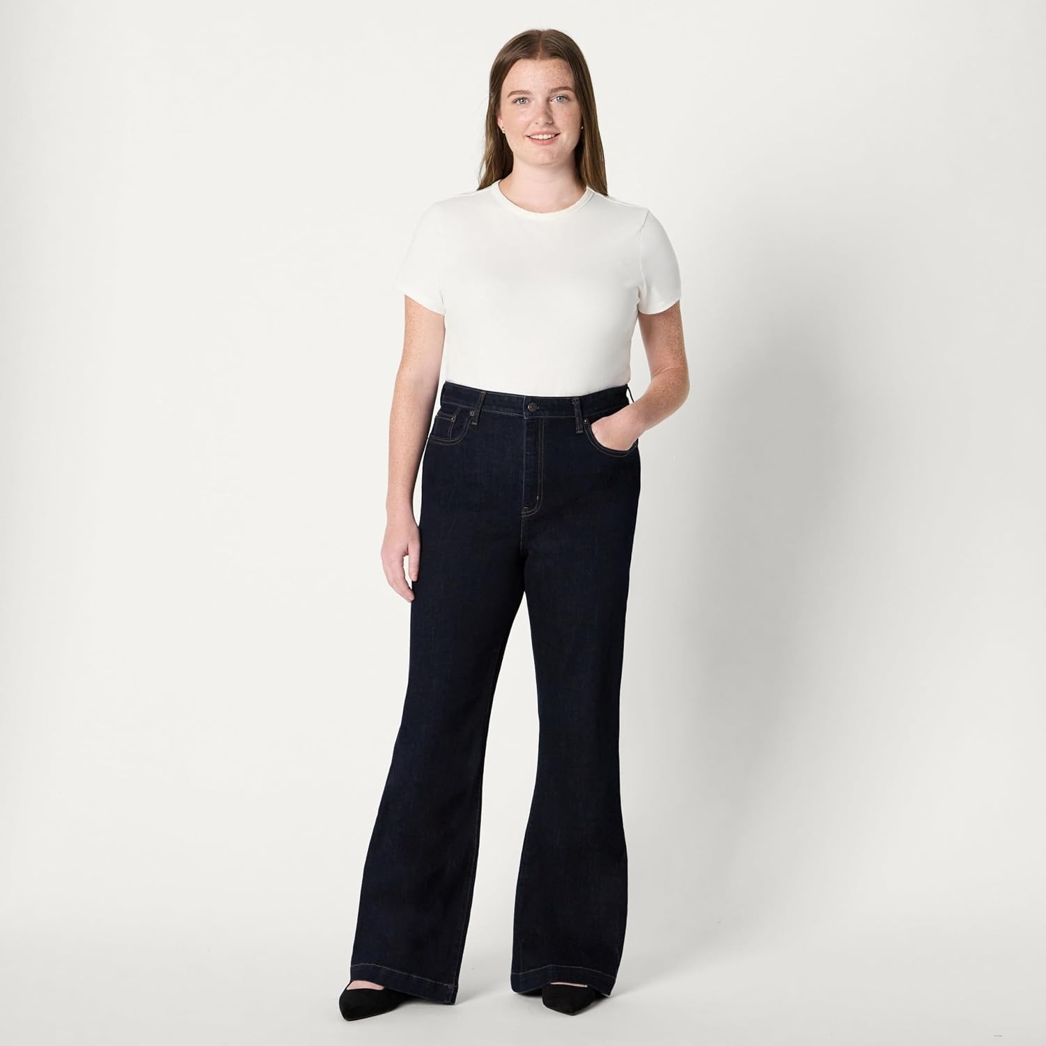 image:imageAmazon Essentials Womens High Stretch Flattering HighRise Flare JeansRinse