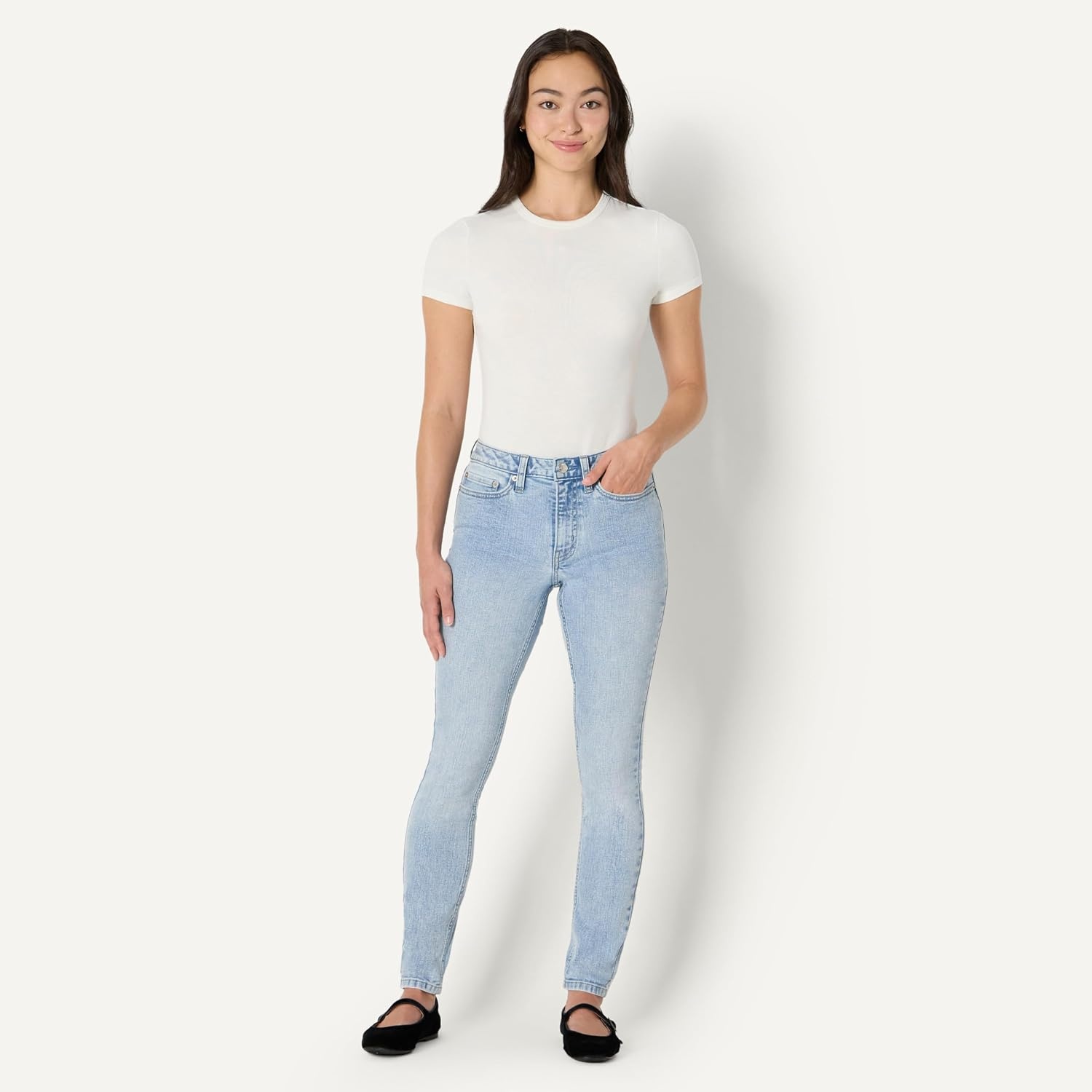 image:imageAmazon Essentials Womens High Stretch MidRise Skinny JeanIced Blue Light Wash