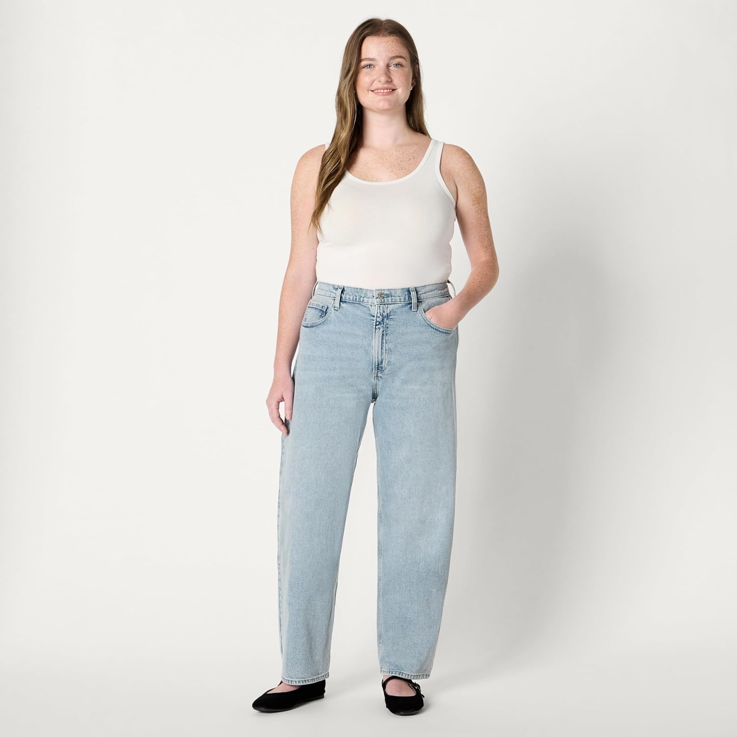 image:imageAmazon Essentials Womens HighRise Barrel Leg JeansIced Light Wash