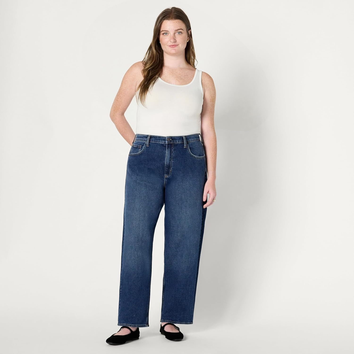 image:imageAmazon Essentials Womens HighRise Barrel Leg JeansStone Dark Wash