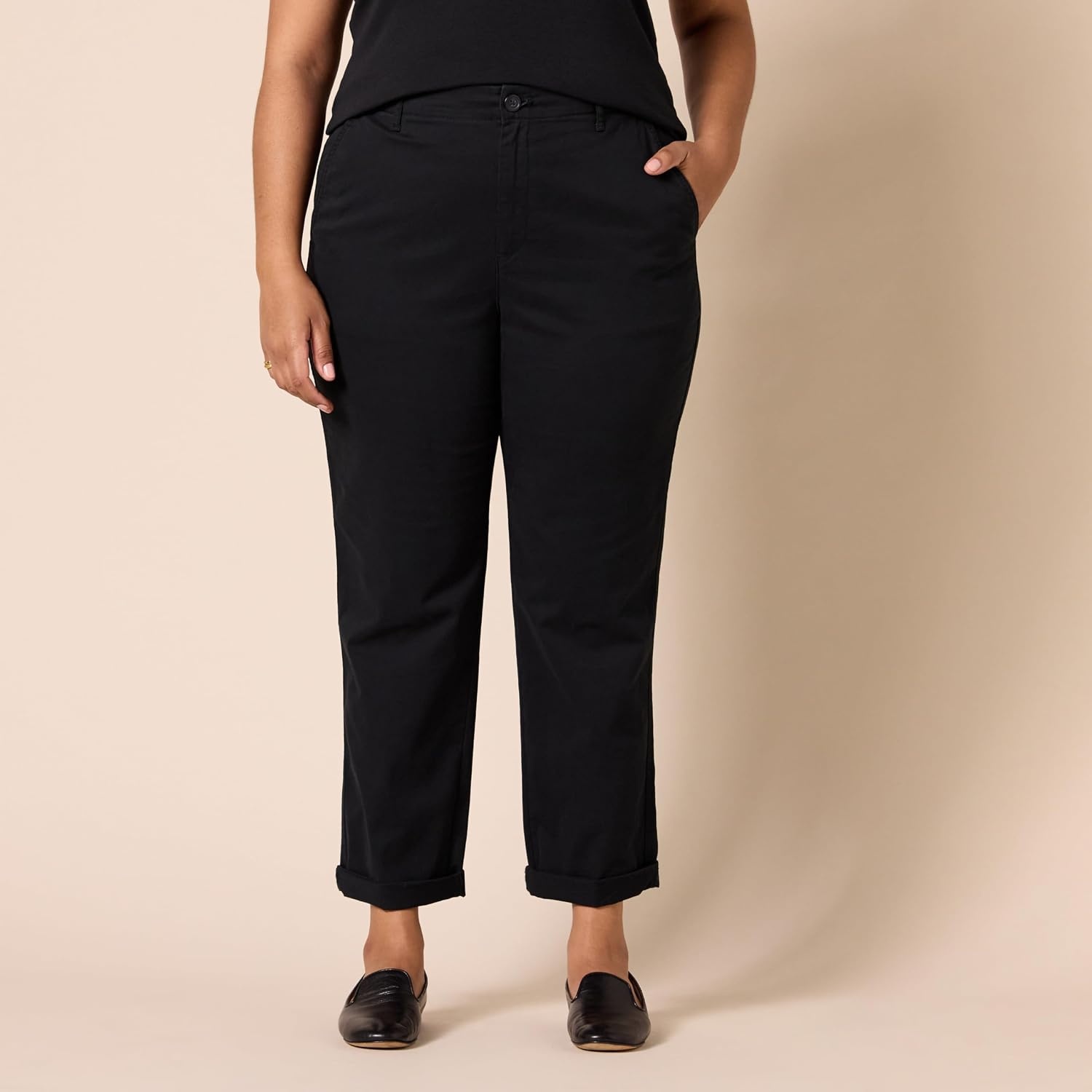 image:imageAmazon Essentials Womens HighRise RegularFit AnkleLength TaperedLeg Khaki PantBlack