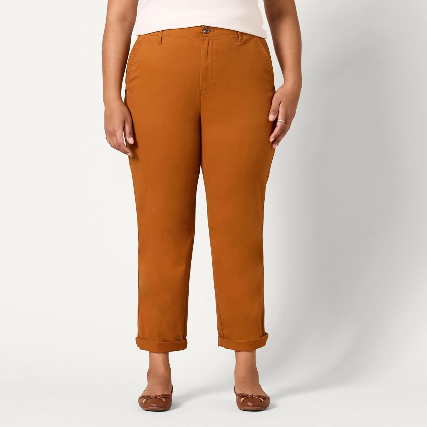 image:imageAmazon Essentials Womens HighRise RegularFit AnkleLength TaperedLeg Khaki PantCaramel