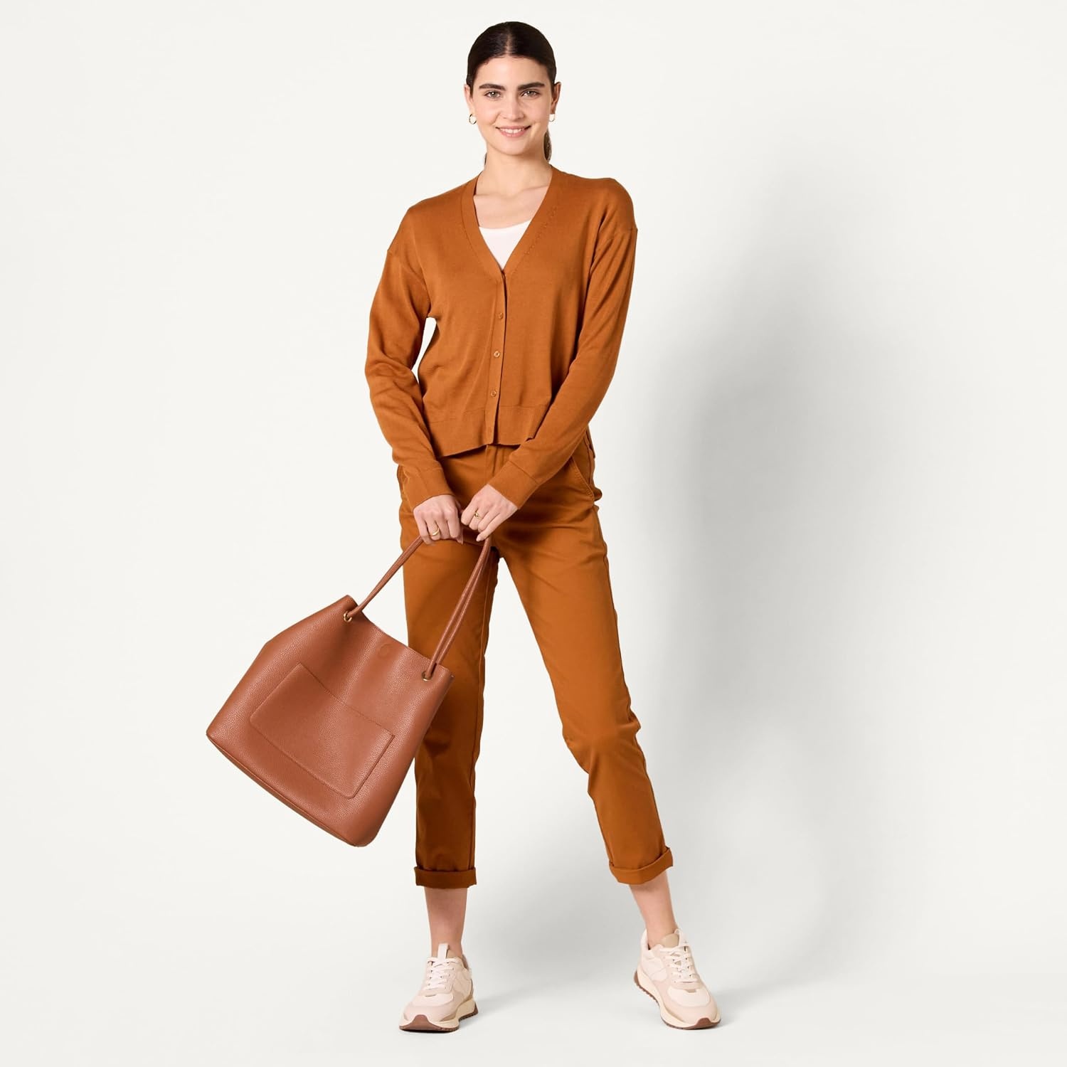 image:imageAmazon Essentials Womens HighRise RegularFit AnkleLength TaperedLeg Khaki PantCaramel