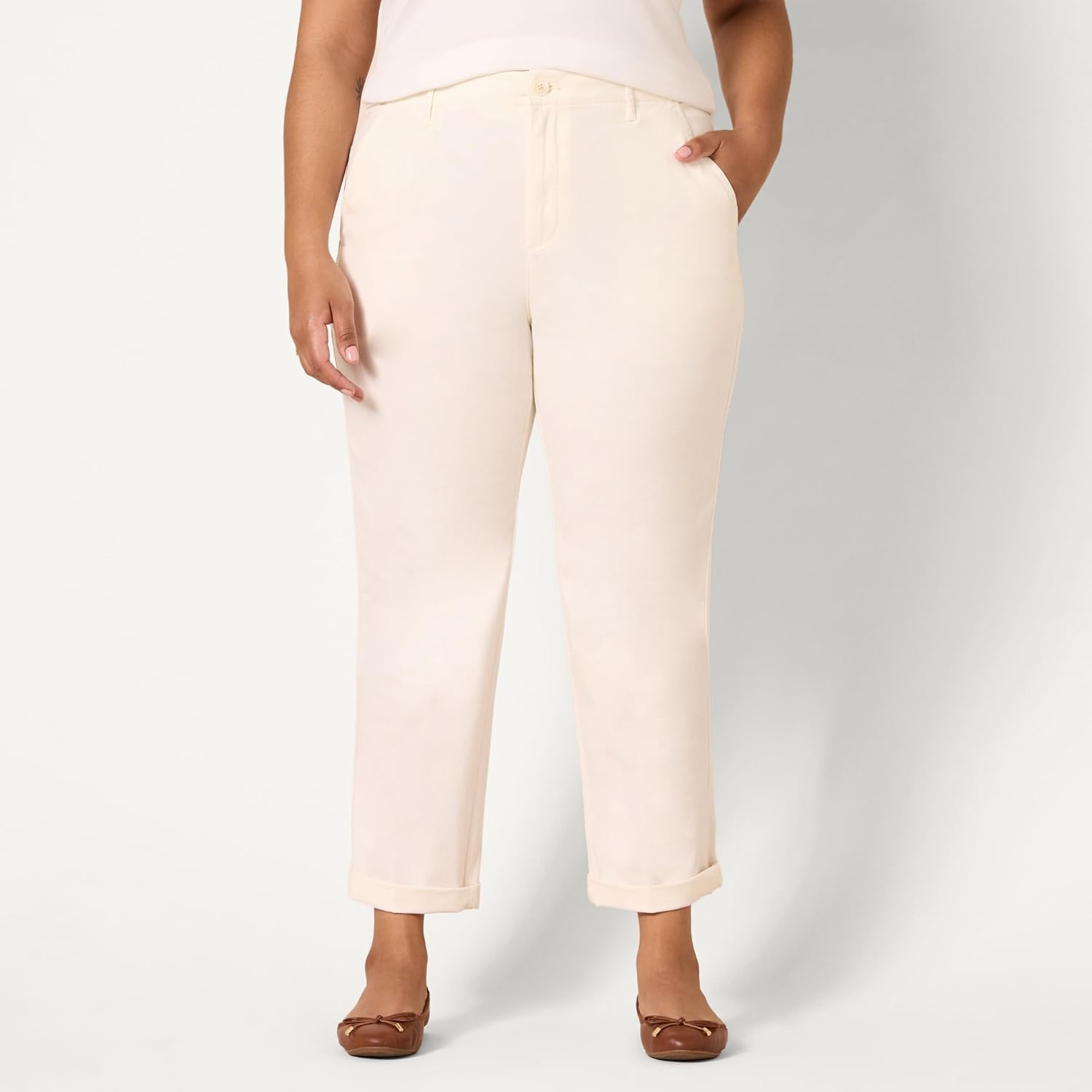 image:imageAmazon Essentials Womens HighRise RegularFit AnkleLength TaperedLeg Khaki PantEggshell White