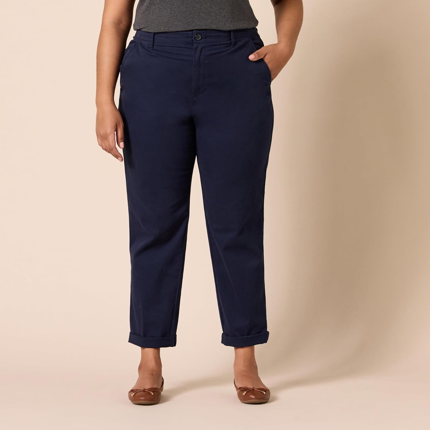 image:imageAmazon Essentials Womens HighRise RegularFit AnkleLength TaperedLeg Khaki PantNavy