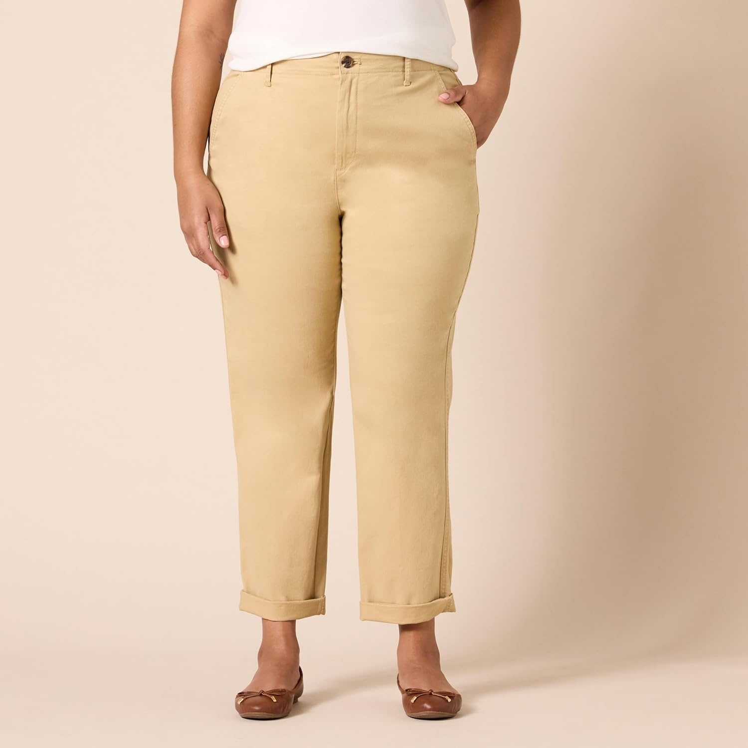image:imageAmazon Essentials Womens HighRise RegularFit AnkleLength TaperedLeg Khaki PantTan
