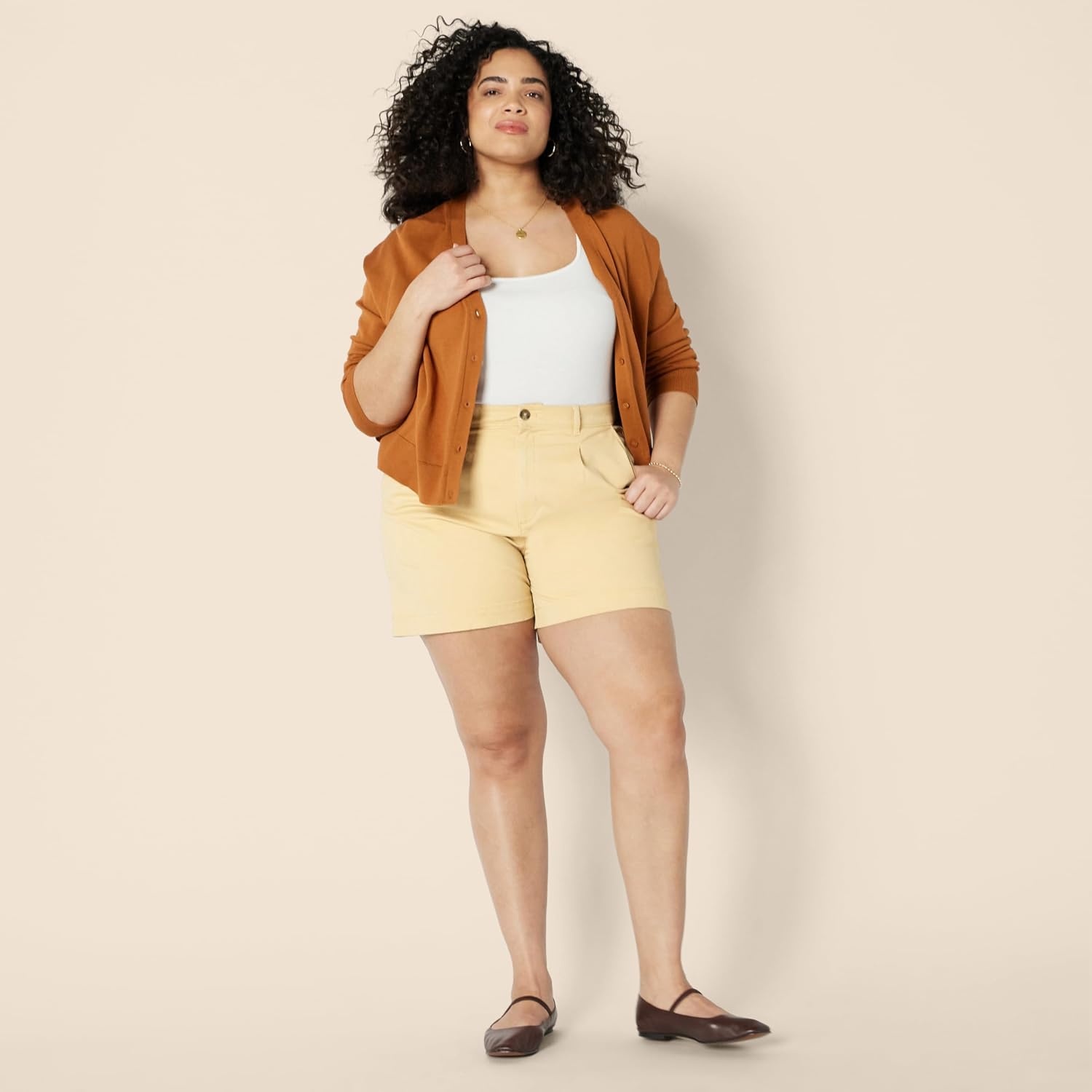 image:imageAmazon Essentials Womens HighRise RelaxedFit Aline Elastic Back ShortsTan