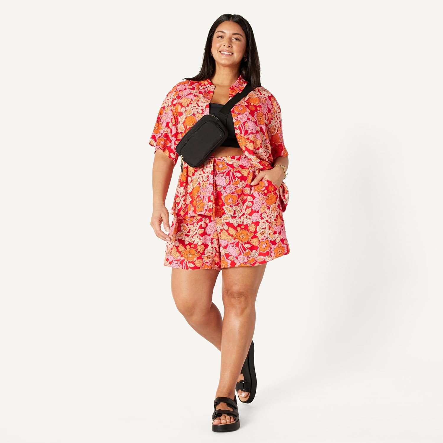 image:imageAmazon Essentials Womens HighRise RelaxedFit Fluid Twill PullOn ShortsBright Poppy Red Multi Folk Floral