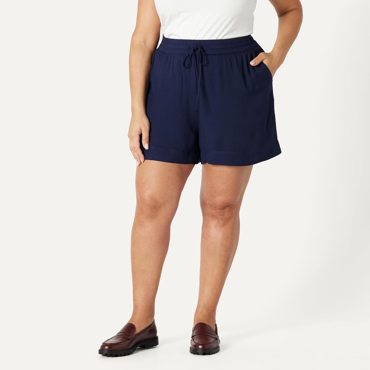 image:imageAmazon Essentials Womens HighRise RelaxedFit Fluid Twill PullOn ShortsNavy