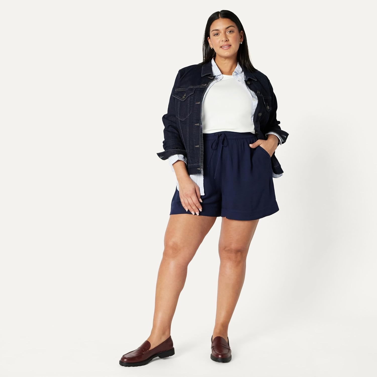 image:imageAmazon Essentials Womens HighRise RelaxedFit Fluid Twill PullOn ShortsNavy