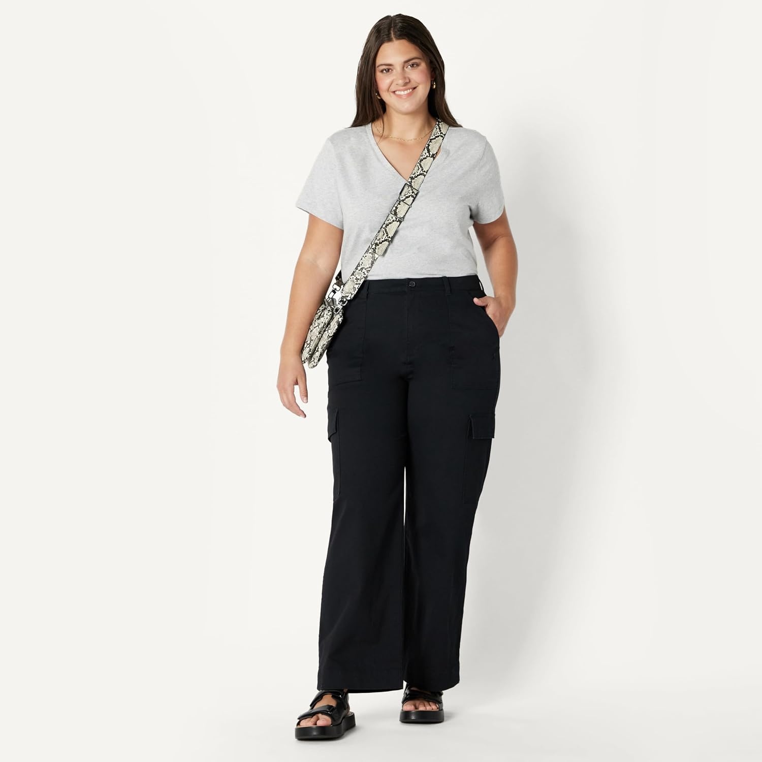 image:imageAmazon Essentials Womens HighRise RelaxedFit Stretchy FullLength Cargo PantsBlack