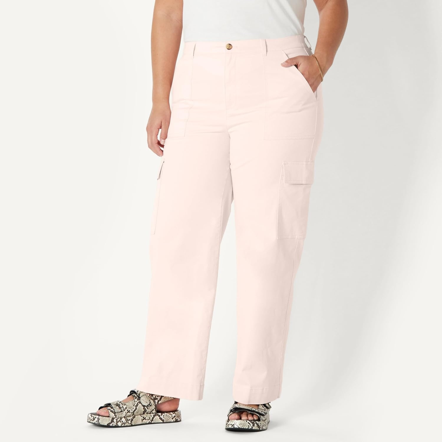 image:imageAmazon Essentials Womens HighRise RelaxedFit Stretchy FullLength Cargo PantsLight Pink