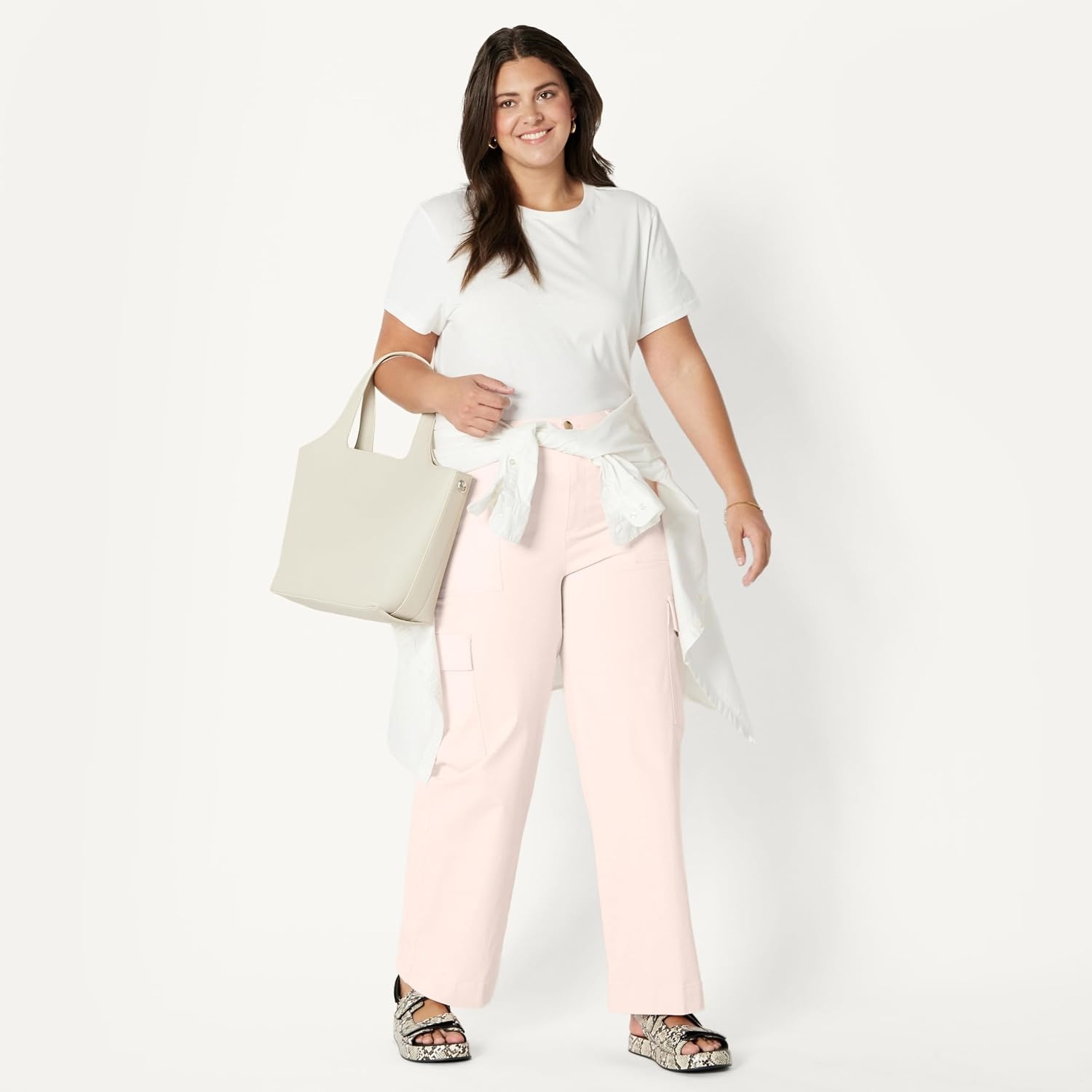 image:imageAmazon Essentials Womens HighRise RelaxedFit Stretchy FullLength Cargo PantsLight Pink