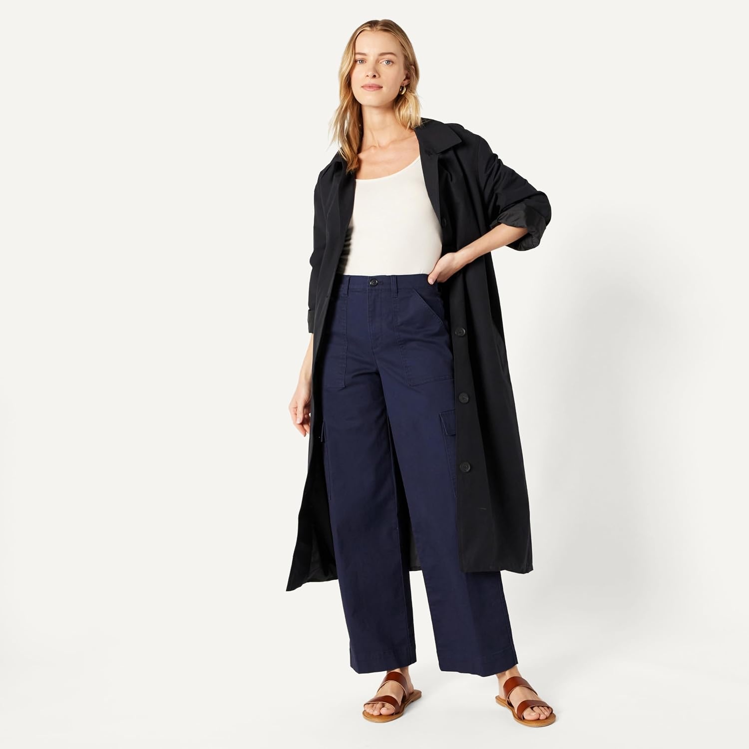 image:imageAmazon Essentials Womens HighRise RelaxedFit Stretchy FullLength Cargo PantsNavy