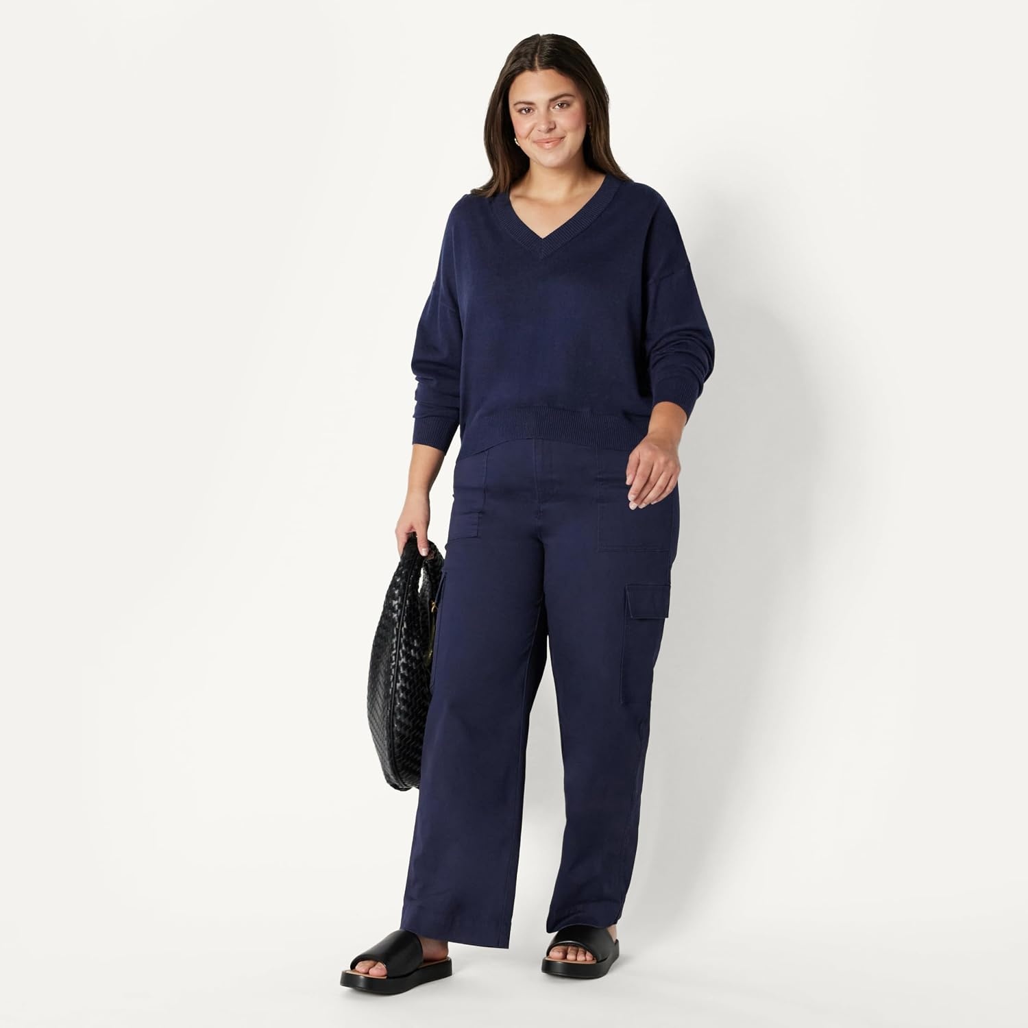 image:imageAmazon Essentials Womens HighRise RelaxedFit Stretchy FullLength Cargo PantsNavy