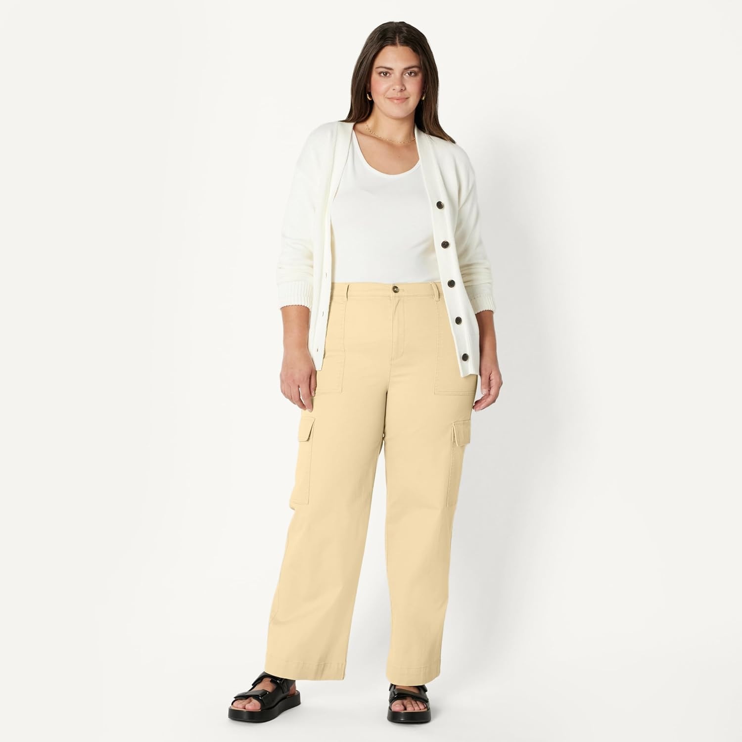 image:imageAmazon Essentials Womens HighRise RelaxedFit Stretchy FullLength Cargo PantsTan