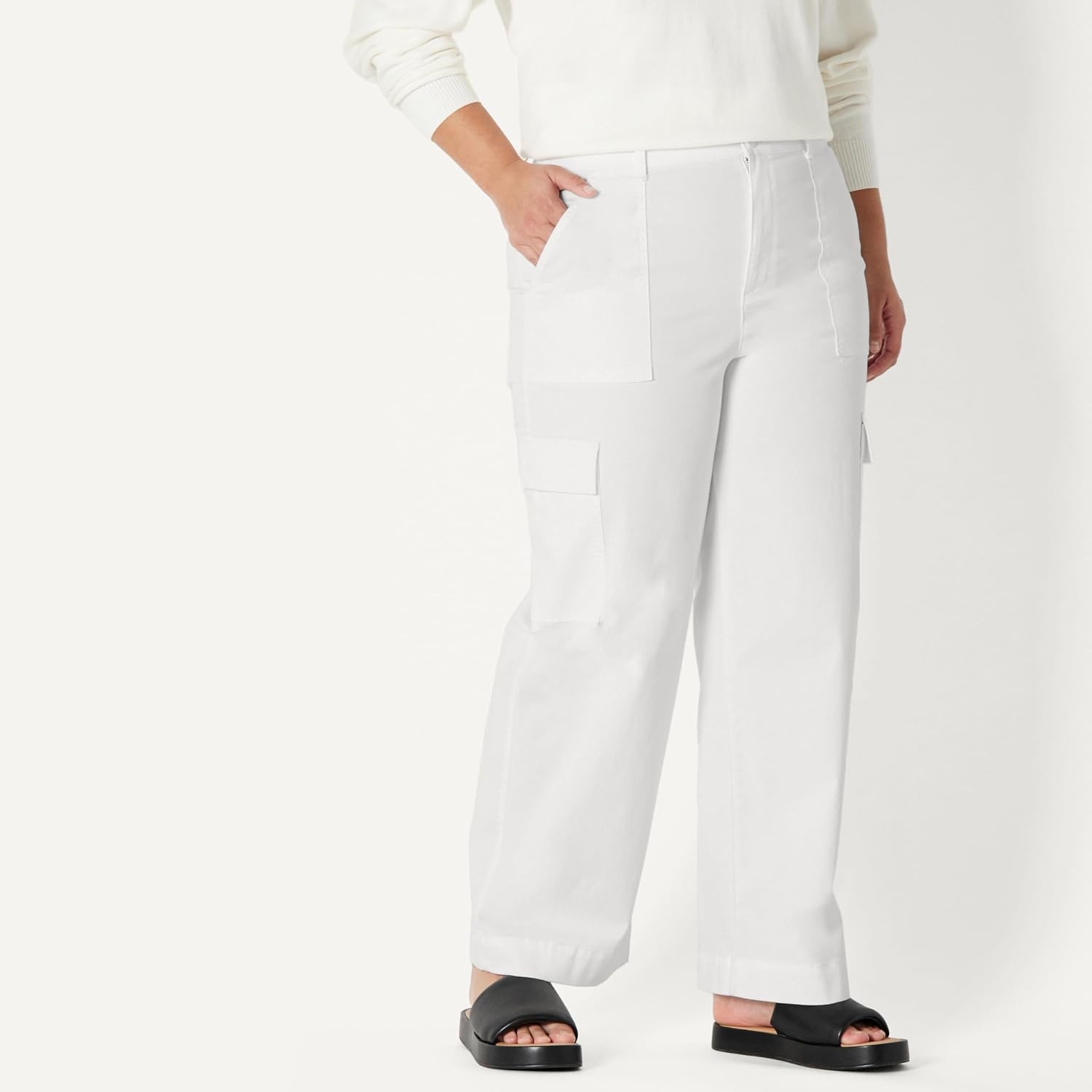 image:imageAmazon Essentials Womens HighRise RelaxedFit Stretchy FullLength Cargo PantsWhite