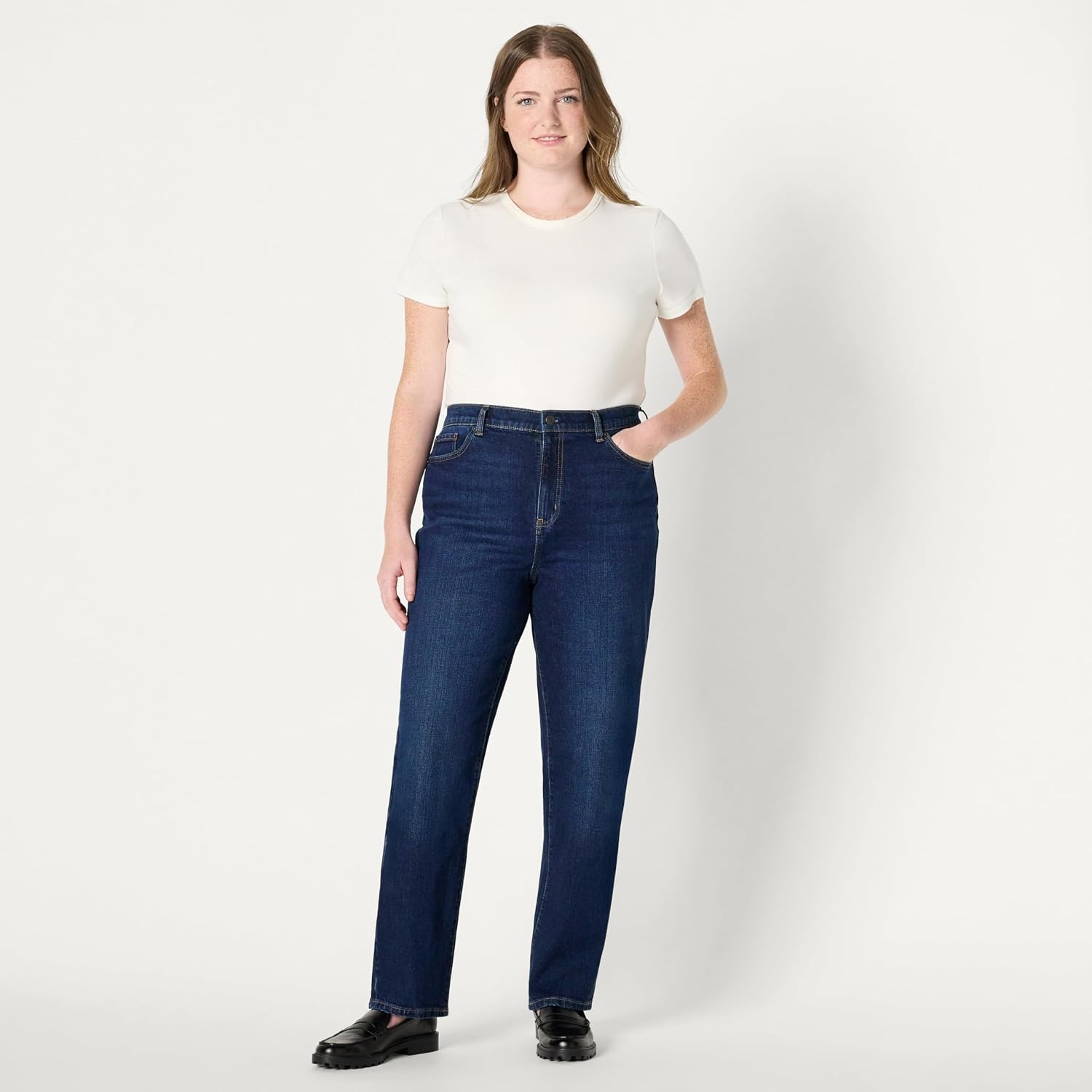 image:imageAmazon Essentials Womens HighRise Straight Leg JeanDark Shadow Wash