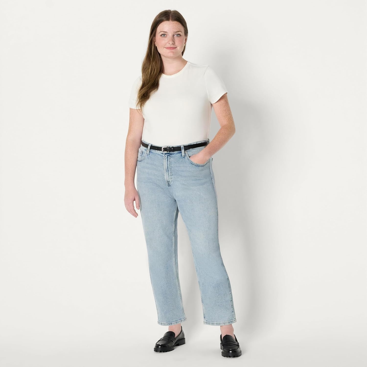 image:imageAmazon Essentials Womens HighRise Straight Leg JeanIced Light Wash