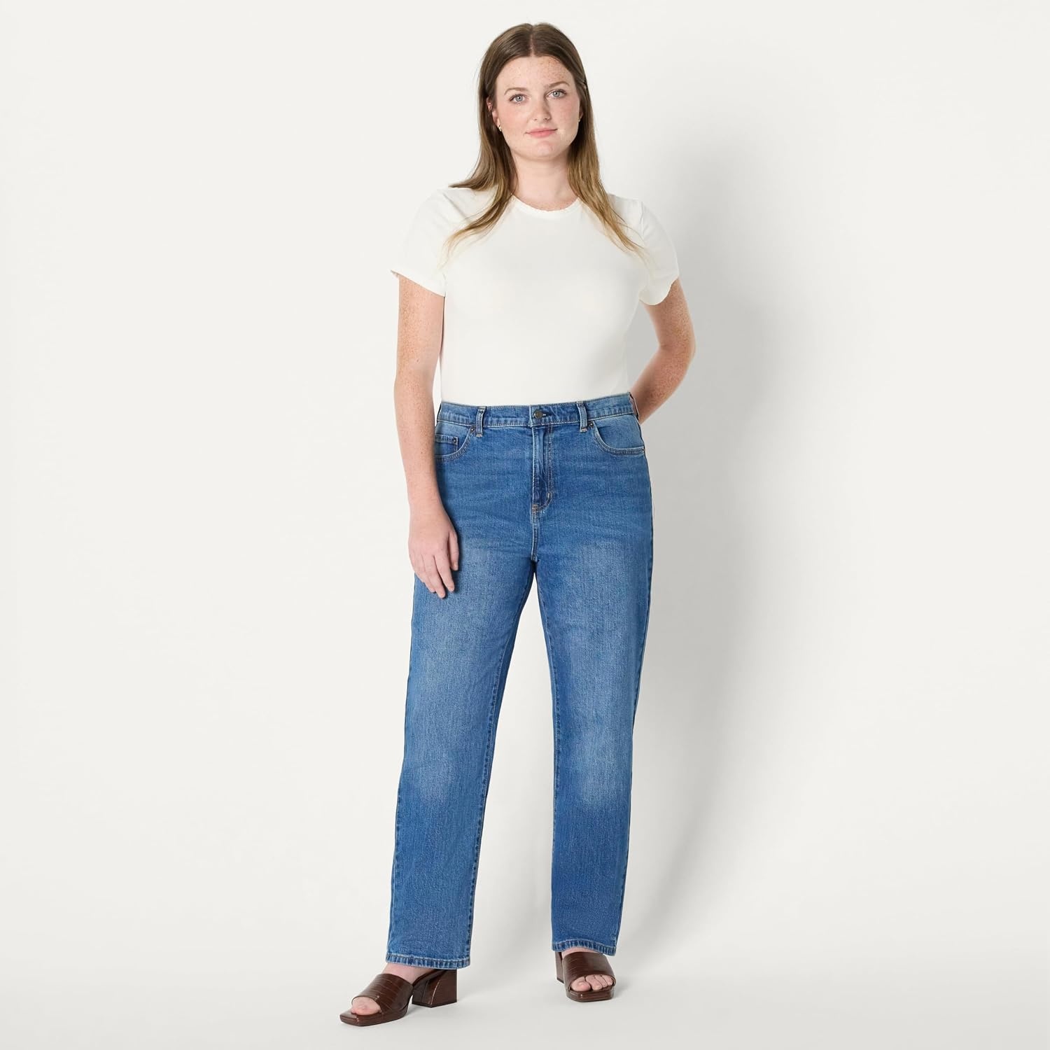 image:imageAmazon Essentials Womens HighRise Straight Leg JeanMedium Blue