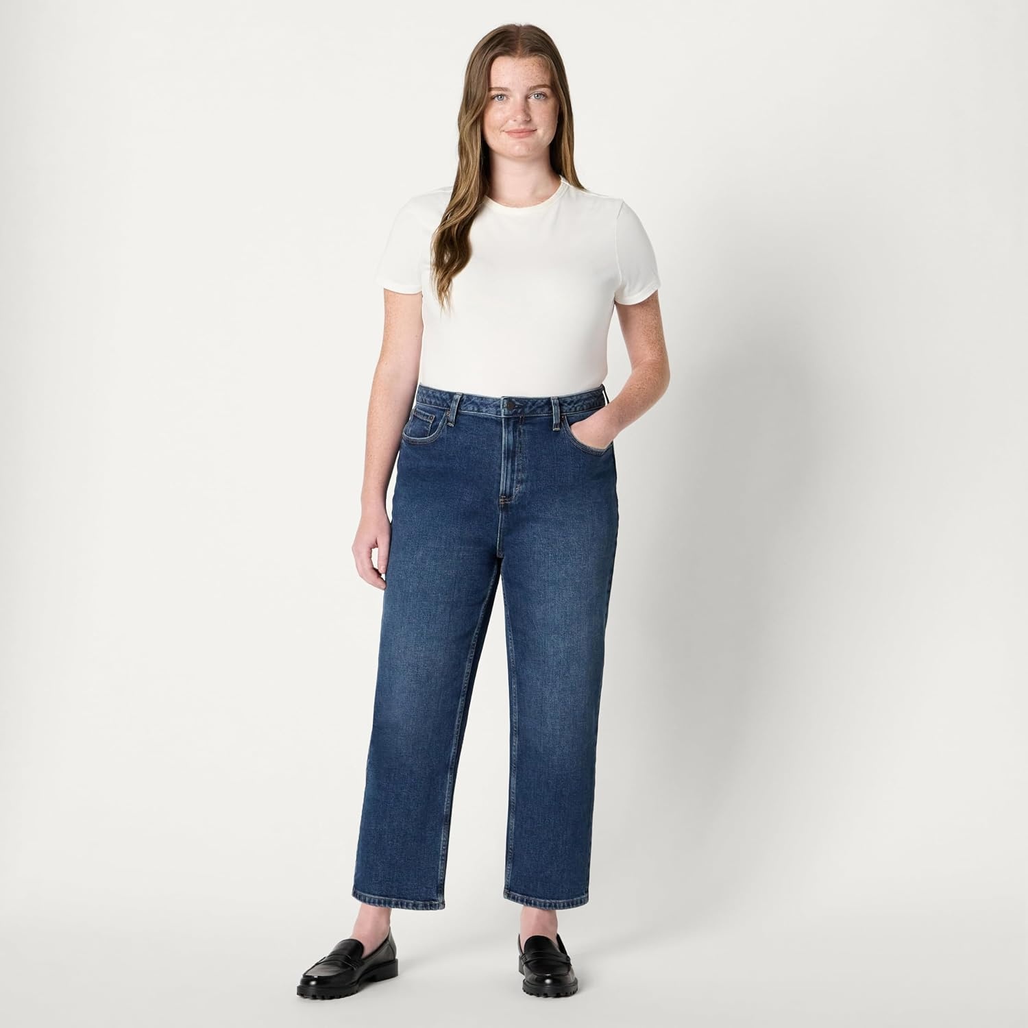image:imageAmazon Essentials Womens HighRise Straight Leg JeanStone Dark Wash